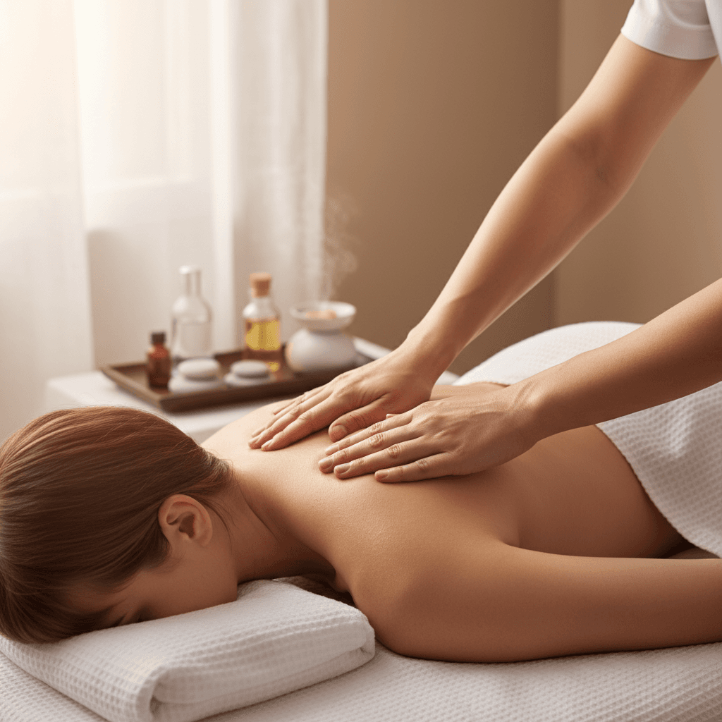 Therapist's hands in a gentle, supportive hand position on a client's lower leg during a lymphatic drainage massage