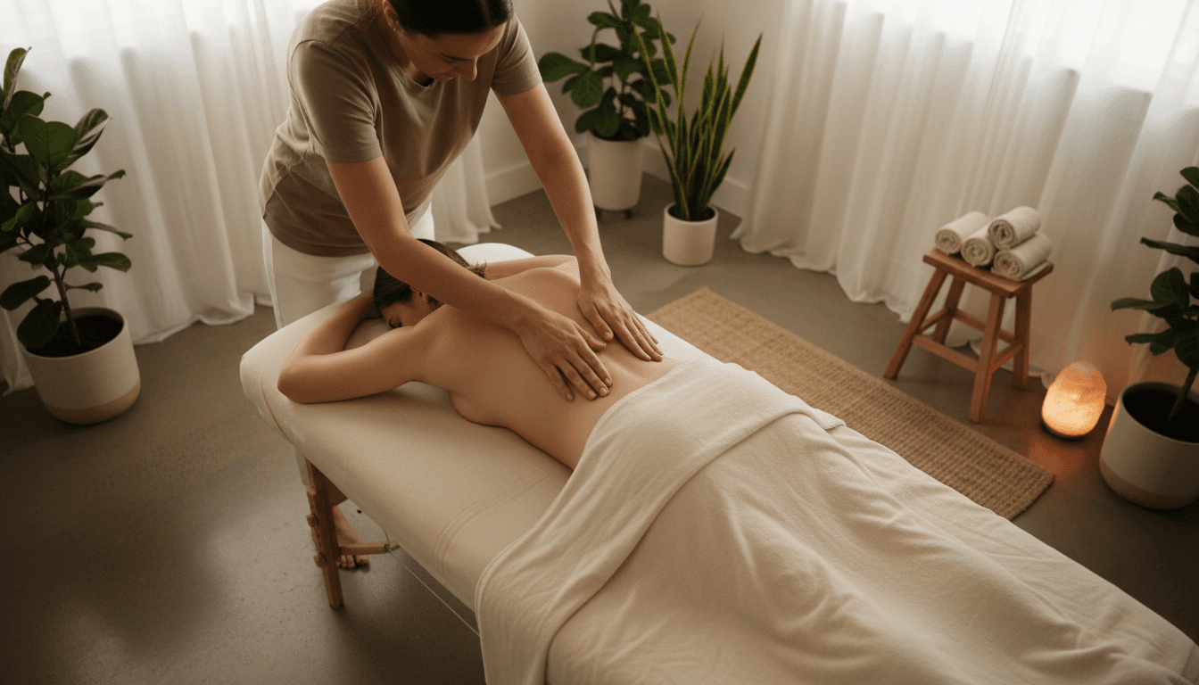 Serene spa therapy room with a massage table and warm neutral tones