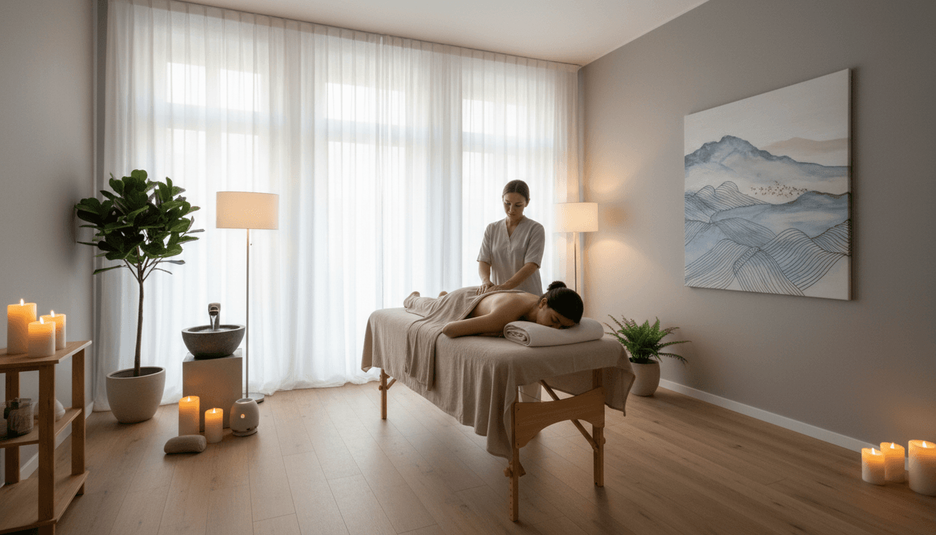 Serene spa treatment room with massage table